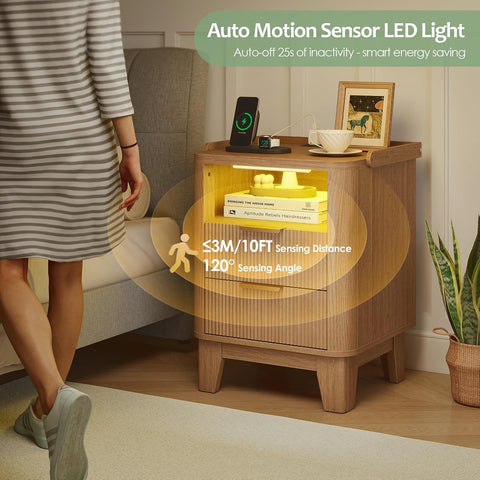 Quikraen 50cm width Bedside Table with Charging Station&Sensor LED Light