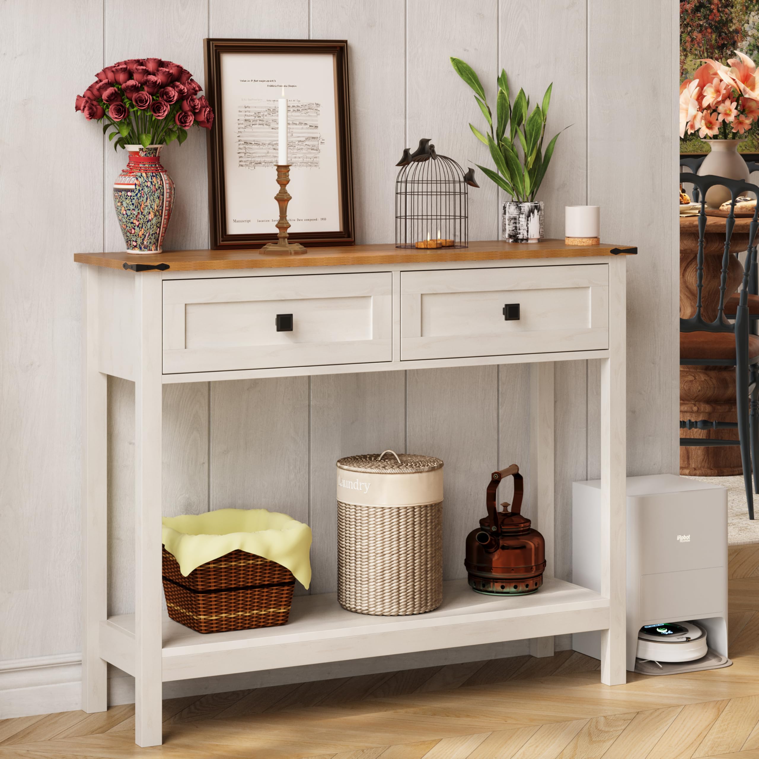 Trironsun Farmhouse Console Table with 2 Drawers for Entryway Rustic Hallway Table with Wooden Frame and Open Storage Shelf Sofa Table for Bedroom or