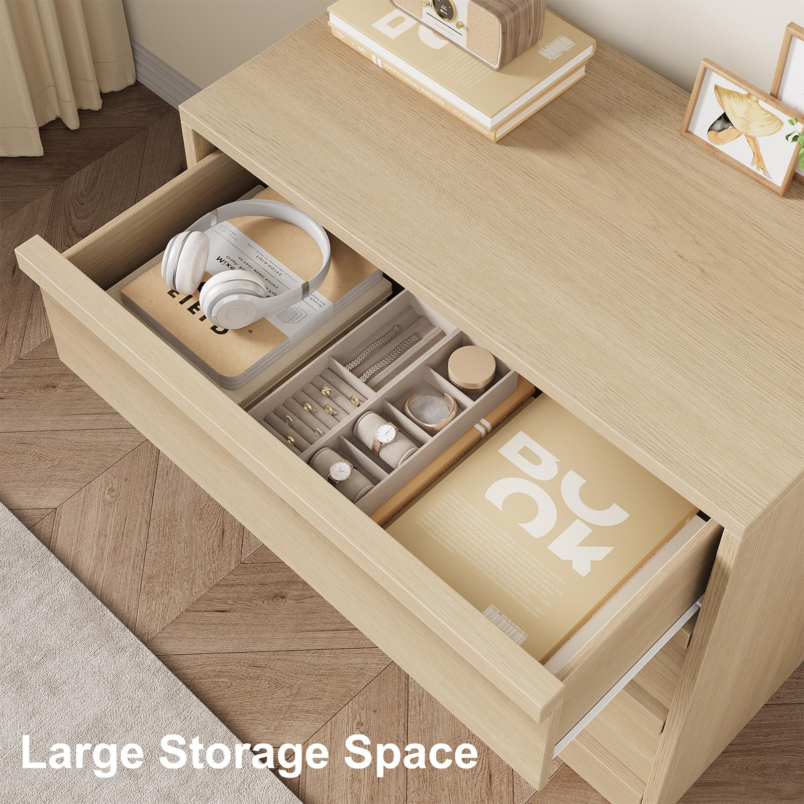 Crevyteg Modern 3-Drawer Storage Cabinet, Wooden Handle Dresser with Smooth Gliding, Sturdy Bedside Table for Bedroom, Living Room, Nursery Entryway