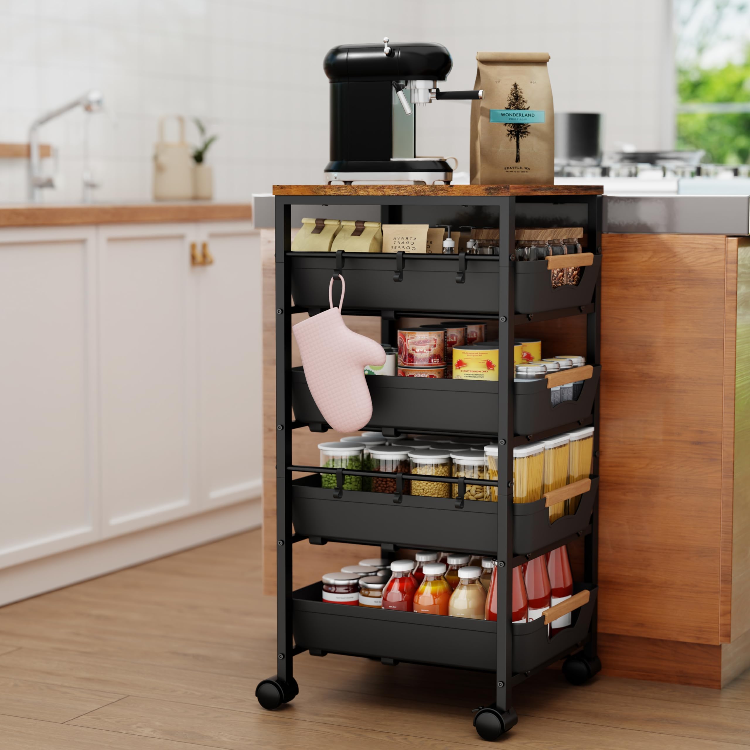 Uwoodia 5-Tier Slim Storage Trolley on Wheels, Metal Kitchen Rolling Cart with Pull-Out Baskets