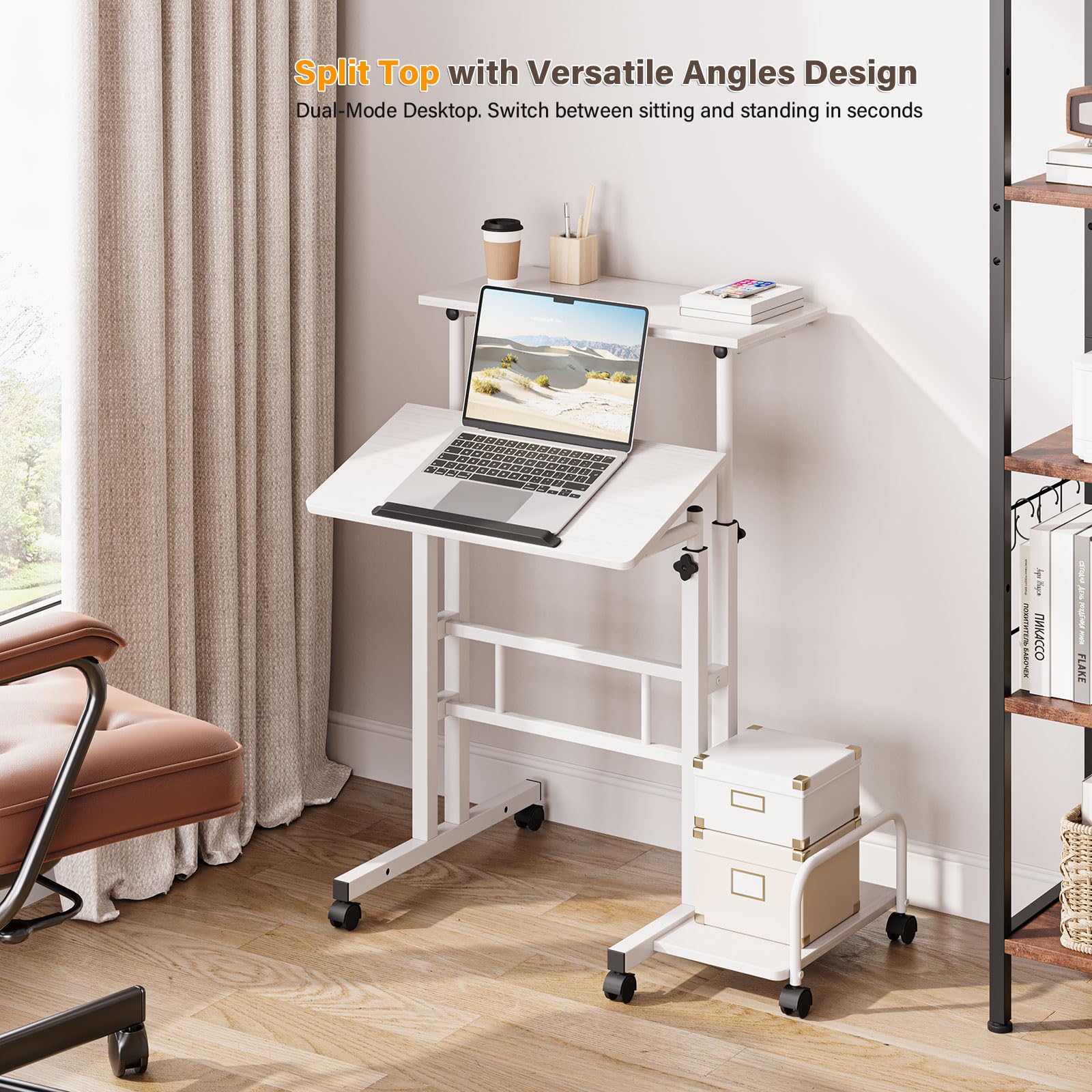 Dripex Standing Desk, Height Adjustable Rolling Desk with Tilting Table Top, Sit-Stand Workstation with Wheels, 60 x 60 cm, laptop Table