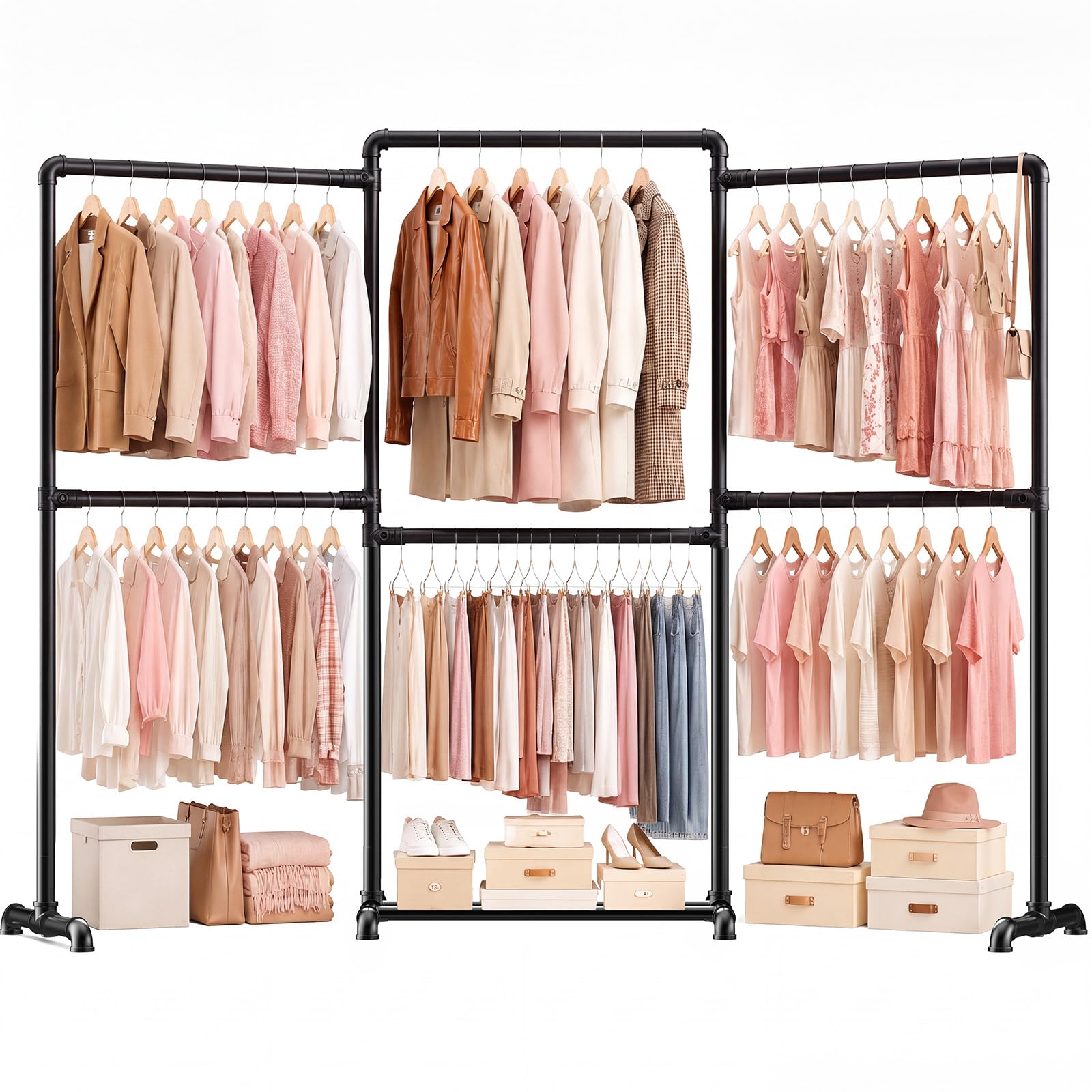 OPPAIYA Heavy Duty Clothes Rail, Up to 294cm Extra Large Clothes Rail for Bedroom, 6 Rails Flexible L/U-Shaped Open Wardrobe