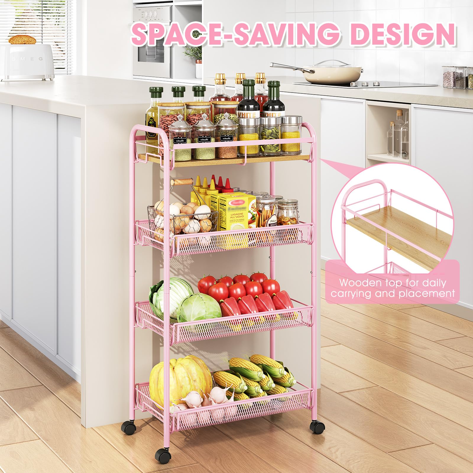 KINGRACK 4-Tier Slim Rolling Cart, Metal Storage Cart with Wooden Tabletop and Mesh Baskets for Narrow Space on Kitchen Bathroom Laundry Room Bedroom