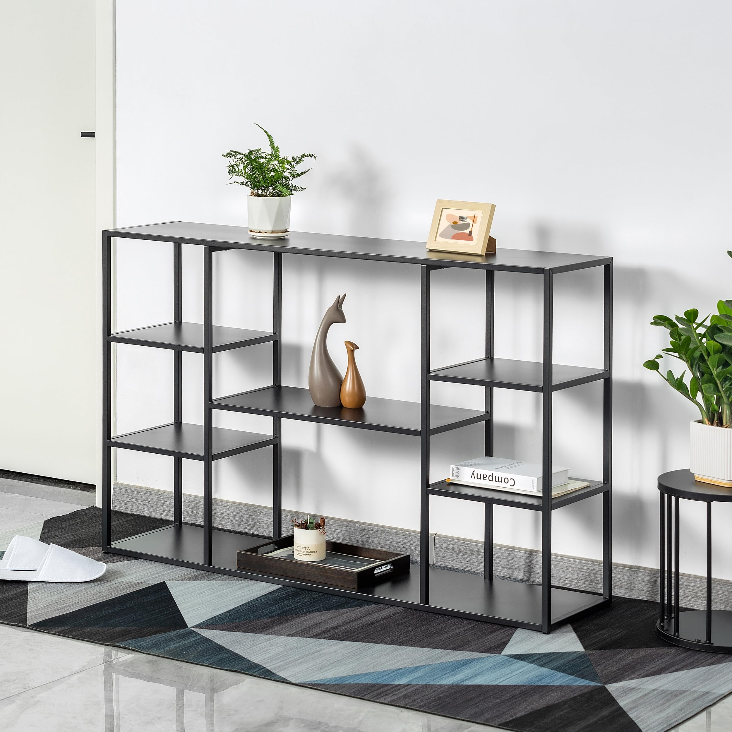 HDANI 120cm Long Sofa Console Table,Narrow Modern Entryway Table Behind Couch with Storage Shelves,4 tier Shelf Bookshelf for Living