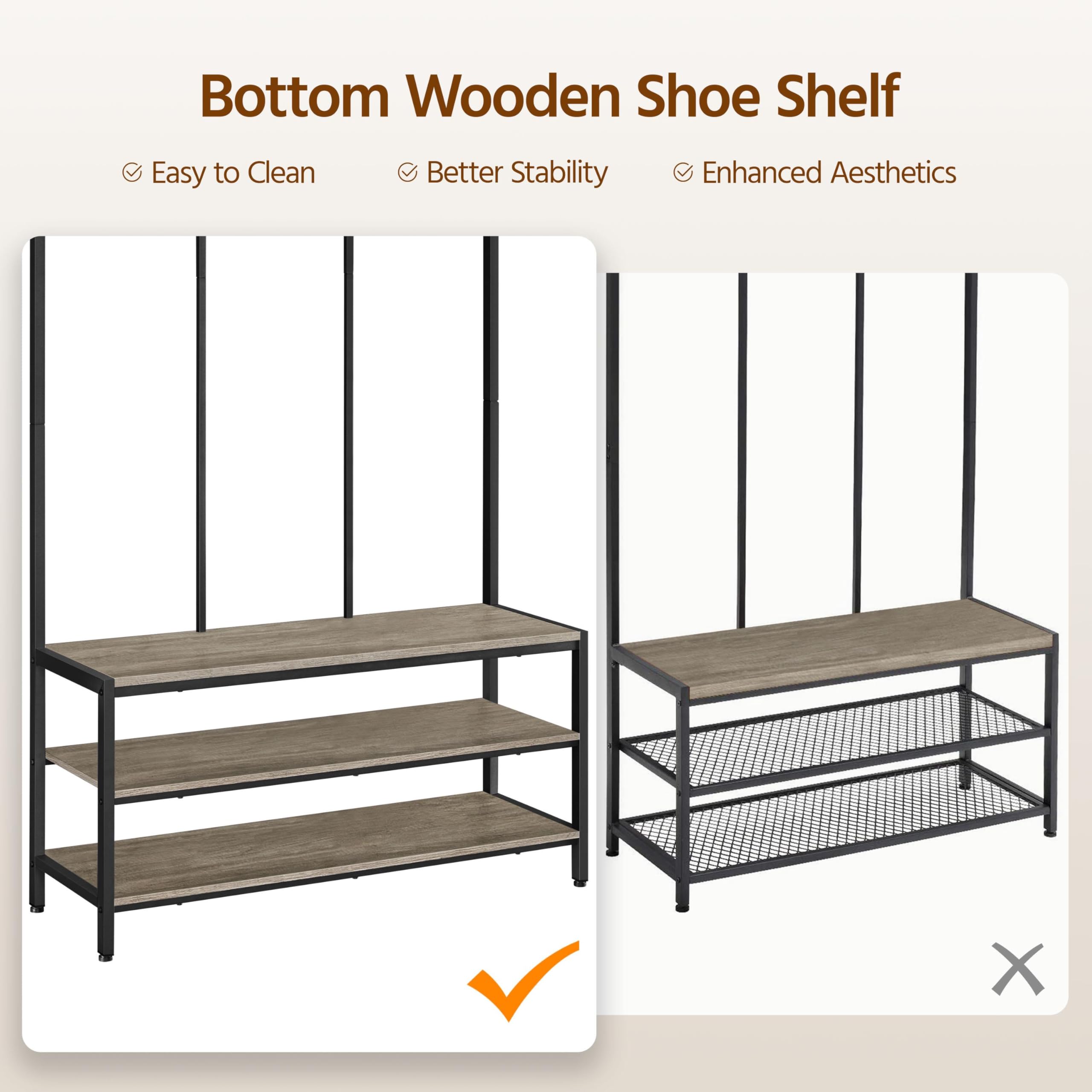 Yaheetech 3-in-1 Hall Tree Coat Rack with Shoe Bench & 24 Hooks, Gray