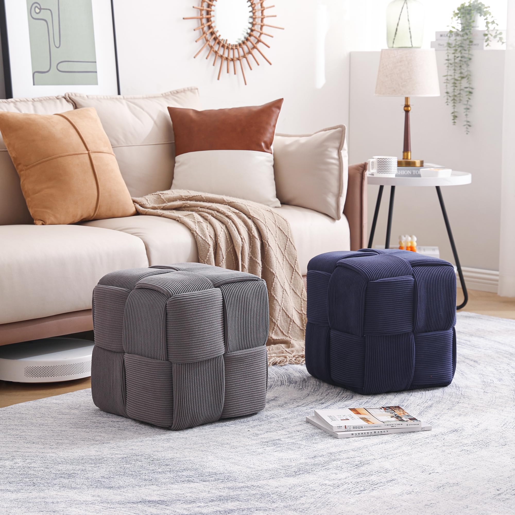 Cmishe Ottoman Foot Rest Soft and Comfortable Ottoman Square Corduroy Woven Design Sofa Stool