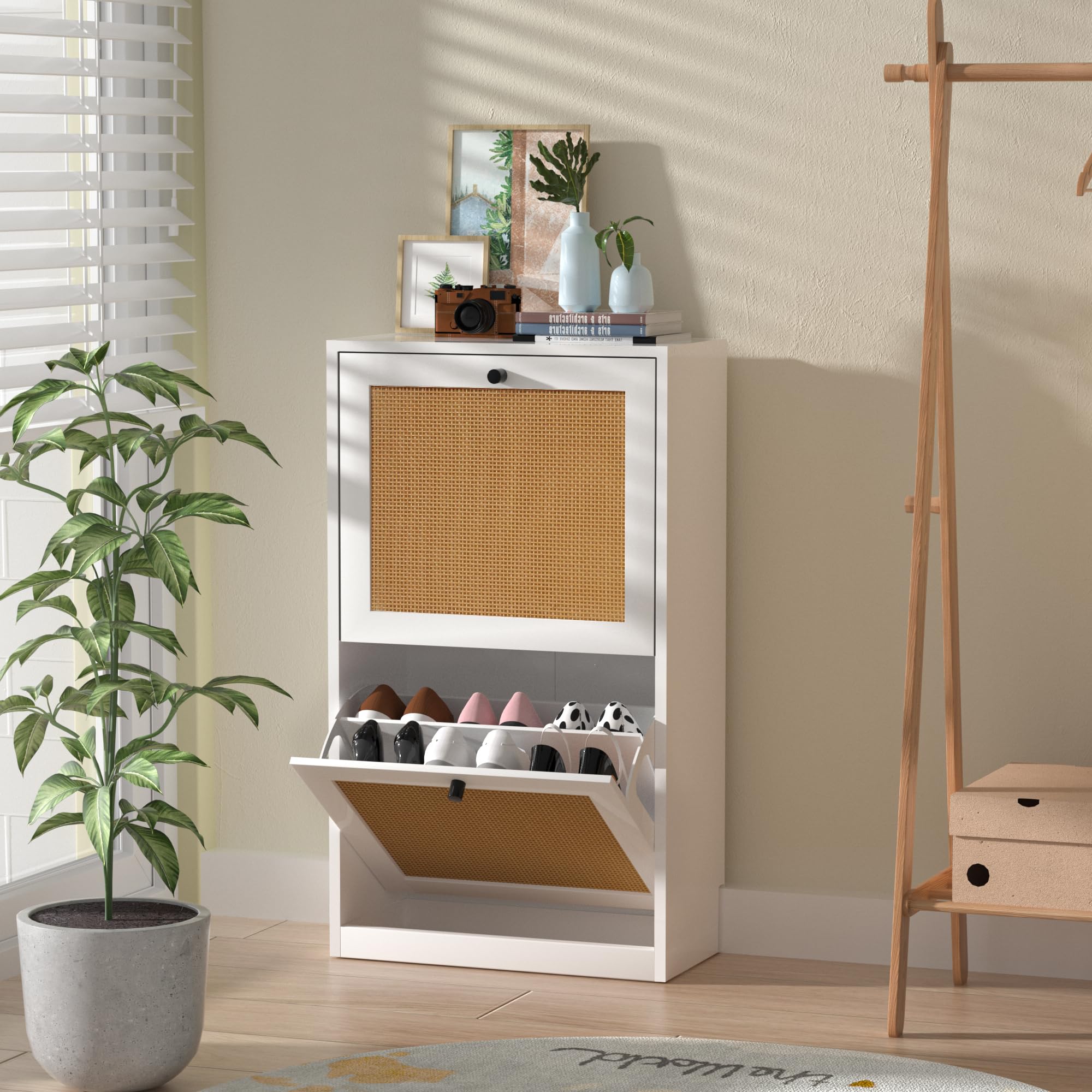 Yvsevnr Narrow Shoe Storage Cabinet Rattan Shoe Cupboards for Hallways