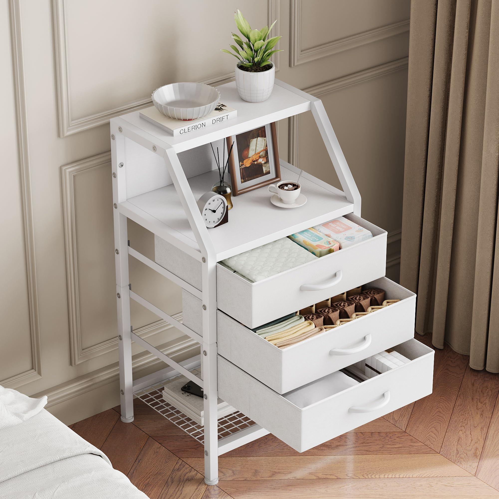 Feonase Bedside Table Wide with 3 Fabric Drawers & Open Shelf Suitable For Bedroom Bed Side Tables, Sofa Side Tables