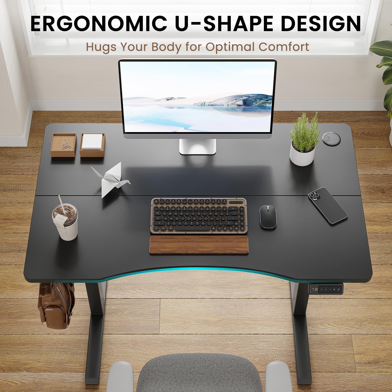 Farini U-Shaped Ergonomic Electric Standing Desk, 100x60cm, Height Adjustable Sit to Stand Desk with Memory Keypad & Headphone Hook for Home and