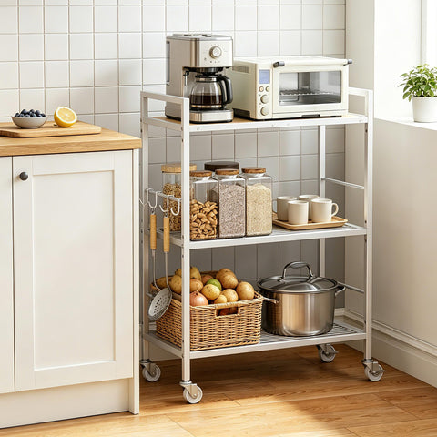 3-Tier kitchen trolley,Oak Wood Top,60W×30Dcm,4 Hooks, Adjustable Shelves