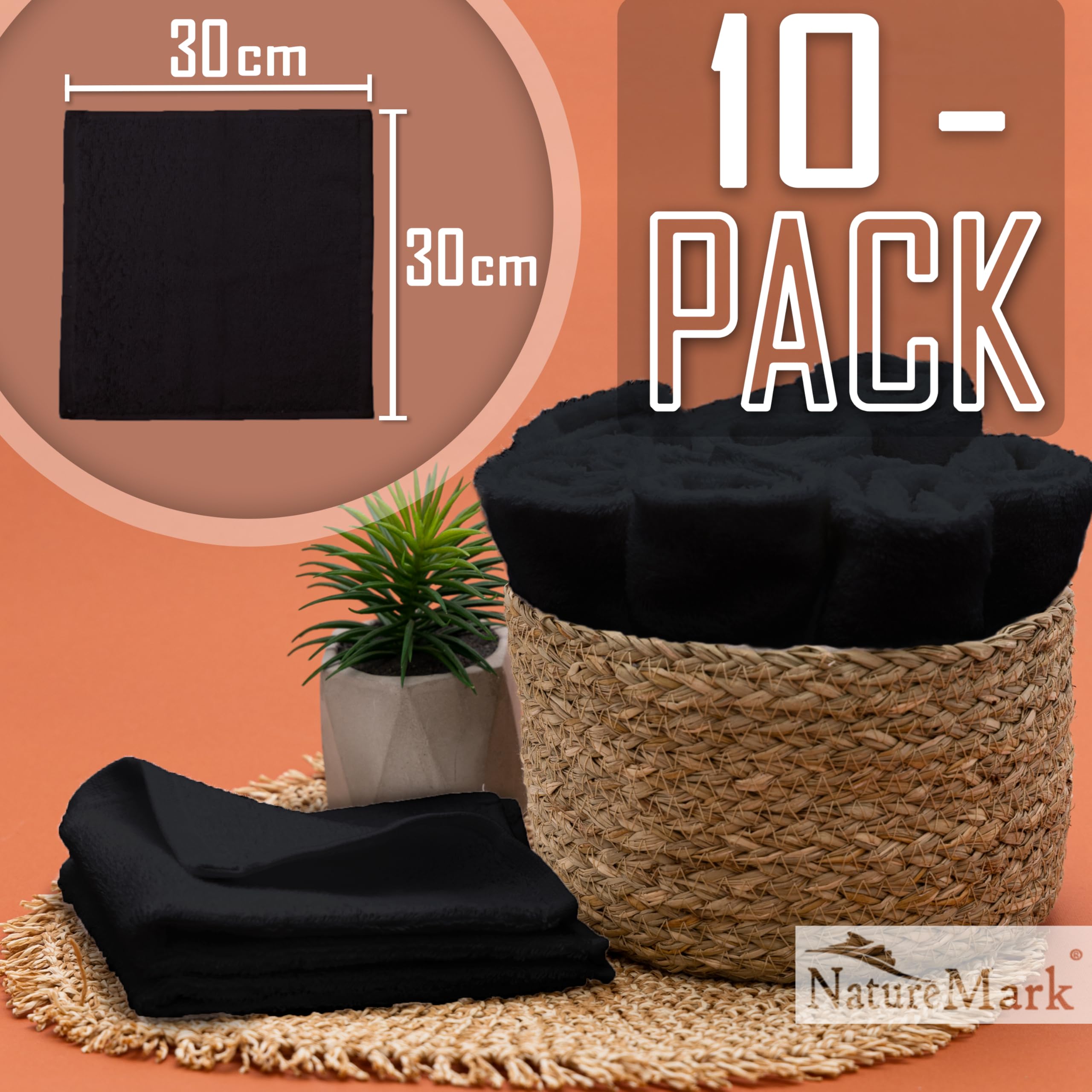 NatureMark Set of 10 Washcloths Made of 100% Cotton - Soft and Absorbent Face and Hand Towels - Practical for Bathroom and Kitchen - 30 x 30 cm, Black
