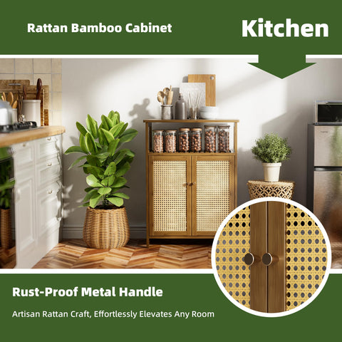vovala Bathroom Floor Stand Cabinet, Bamboo Storage Organizer Table with 2 Rattan Doors and 1 Shelf, Wooden Side Cupboard for Hallway, Laundry