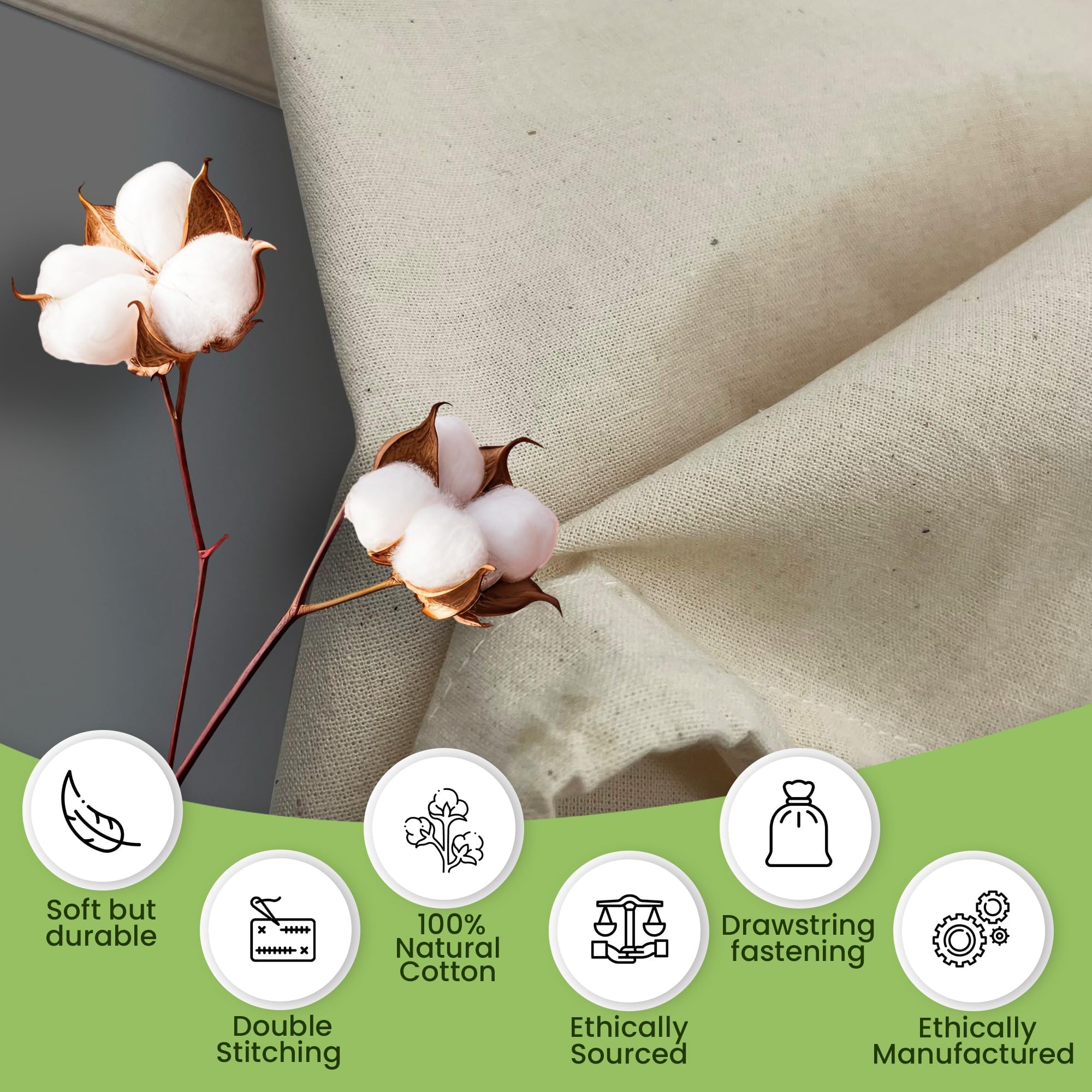 Bronta Mill Plain Natural 100% Cotton Drawstring Stuff Bags | Eco Friendly Storage Pouch | XL - 75 x 50cm (Natural, Pack of 10)