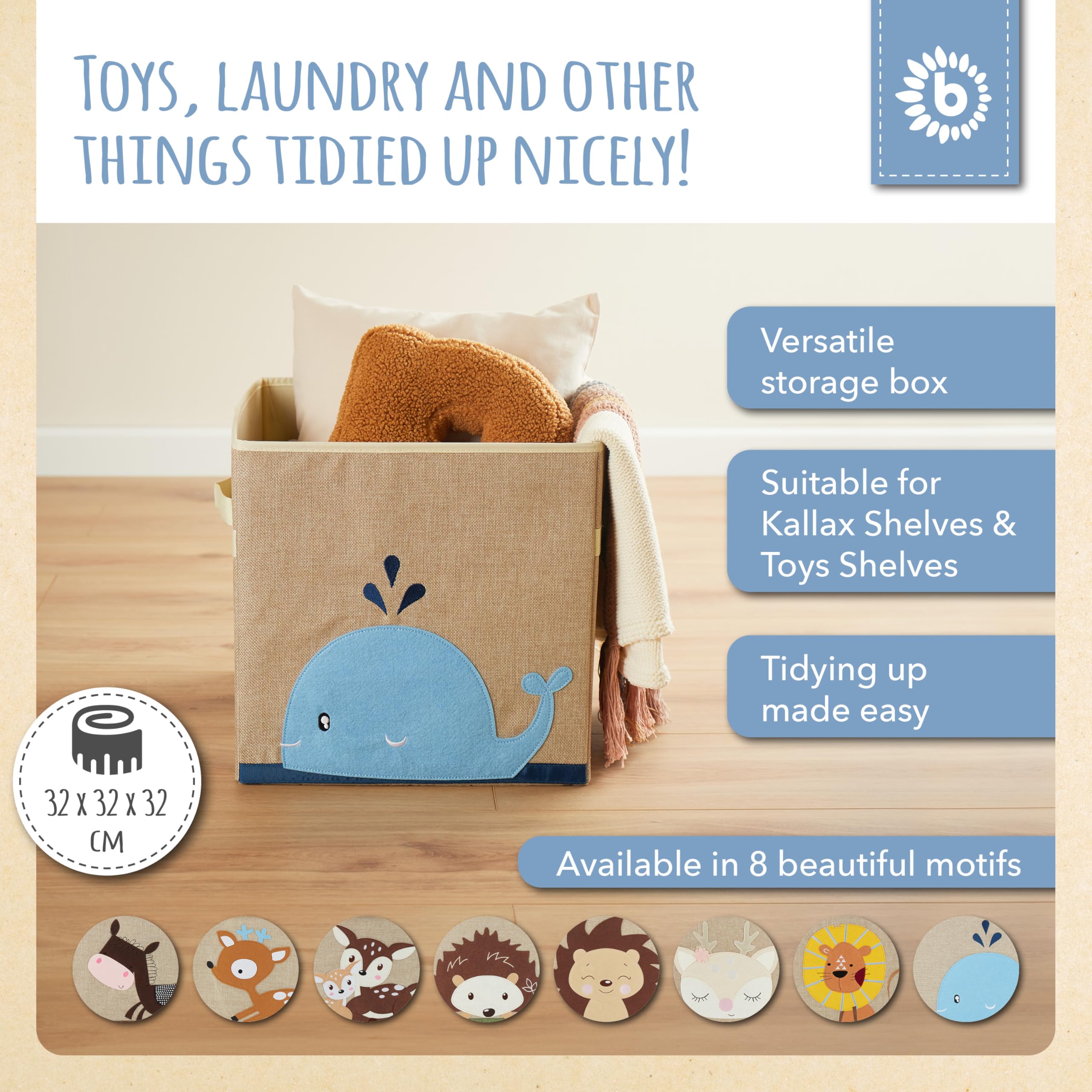 BIECO Storage Box for Kids Room | Whale Toy Storage Box | 33x33x33 cm, Fits Kallax Shelf, Toy Chests, Folding Boxes, Kids Baskets