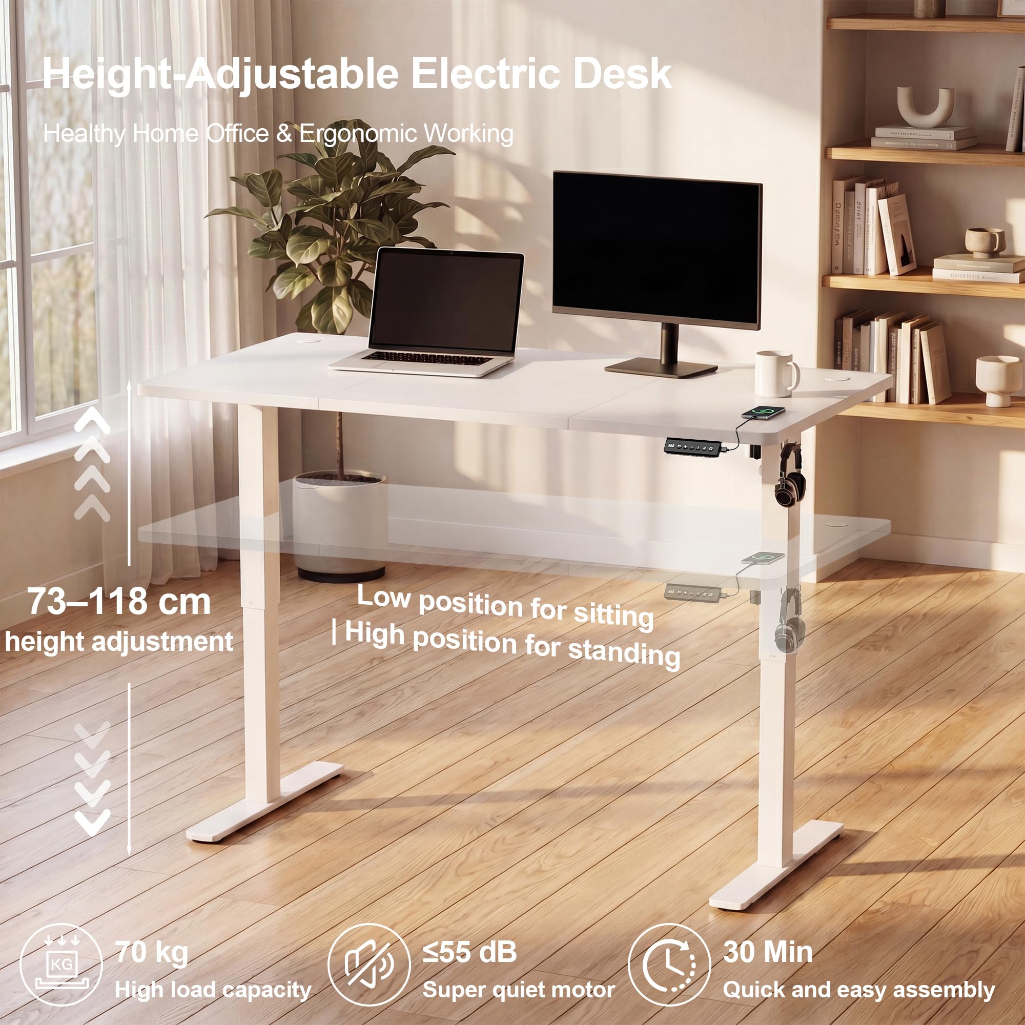JUMMICO Electric Standing Desk 140x60cm – Height Adjustable with USB Charging, Sedentary Reminder, Memory Heights for Home Office Use, White
