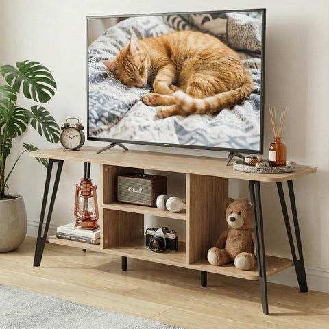 Manora Curved Metal Frame TV Stand with 2-Tier Middle Storage Compartment (Bright brown)