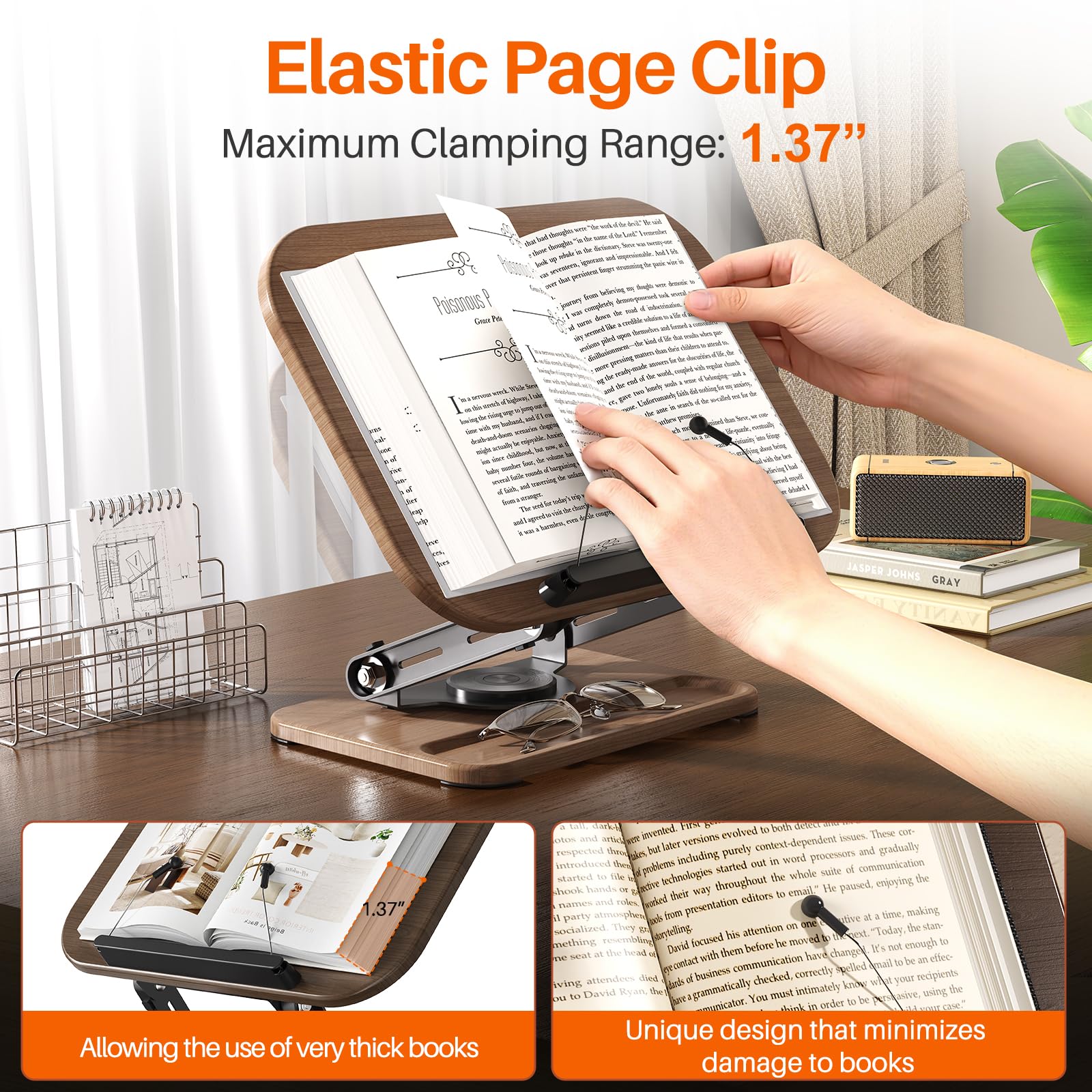 Book Stands for Reading,360 Degree Rotation, Height Adjustable, with Storage Slot,Suitable for Office, Kitchen, Cookbook, Textbook, Recipe