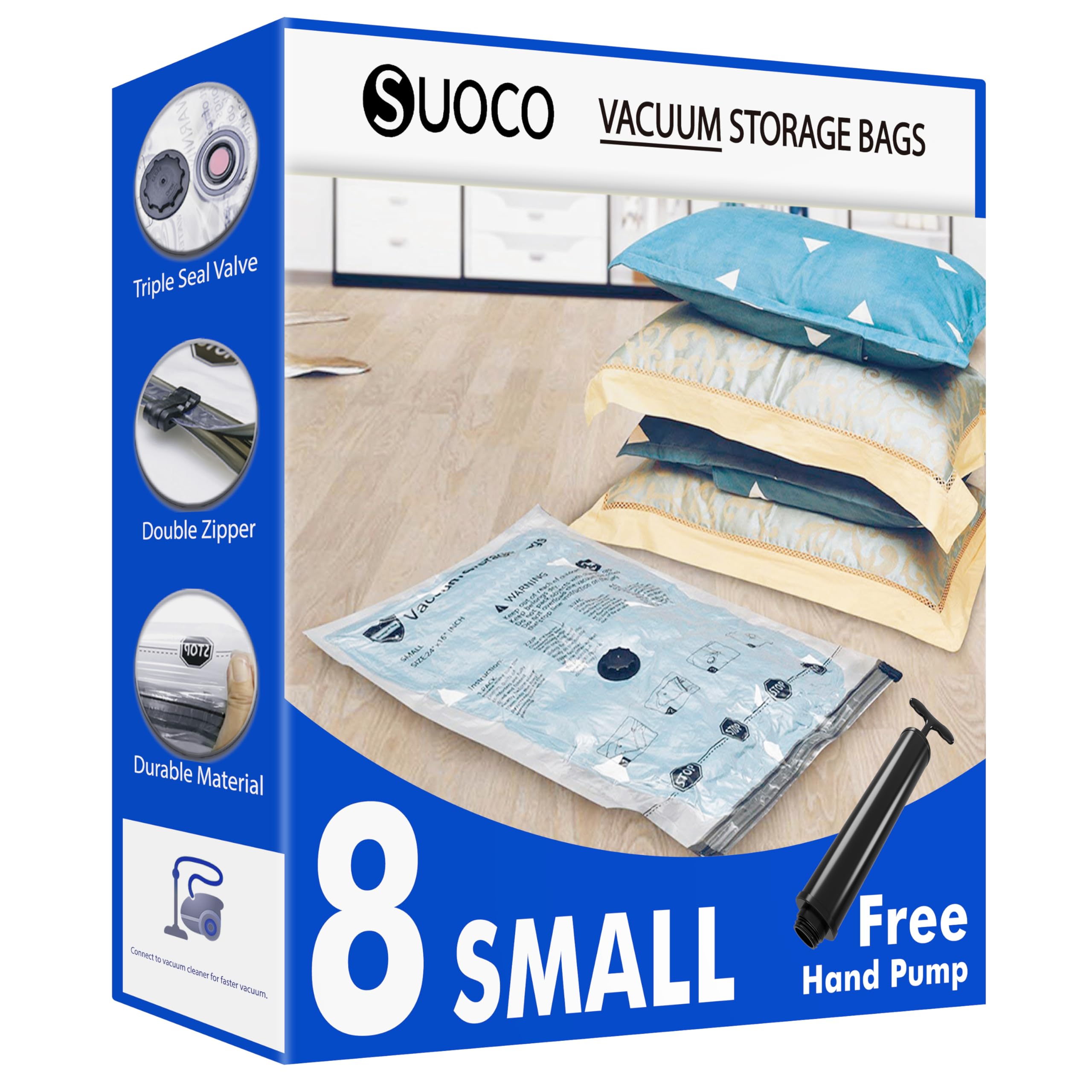 Vacuum Storage Bags 8 Small, Space Saver Bags with Travel Hand Pump, Compression Seal Bags for Clothes, Duvets