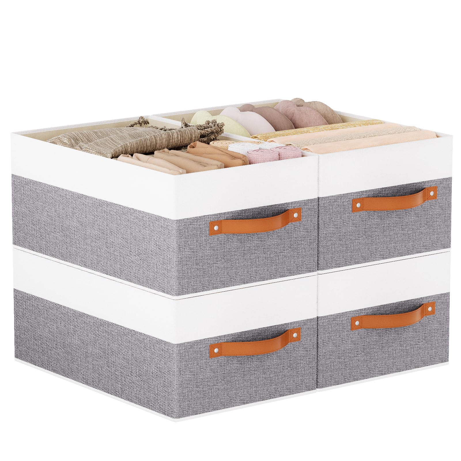 YheenLf Collapsible Storage Boxes,White/Grey Baskets,41×25×16.5cm,4Pack