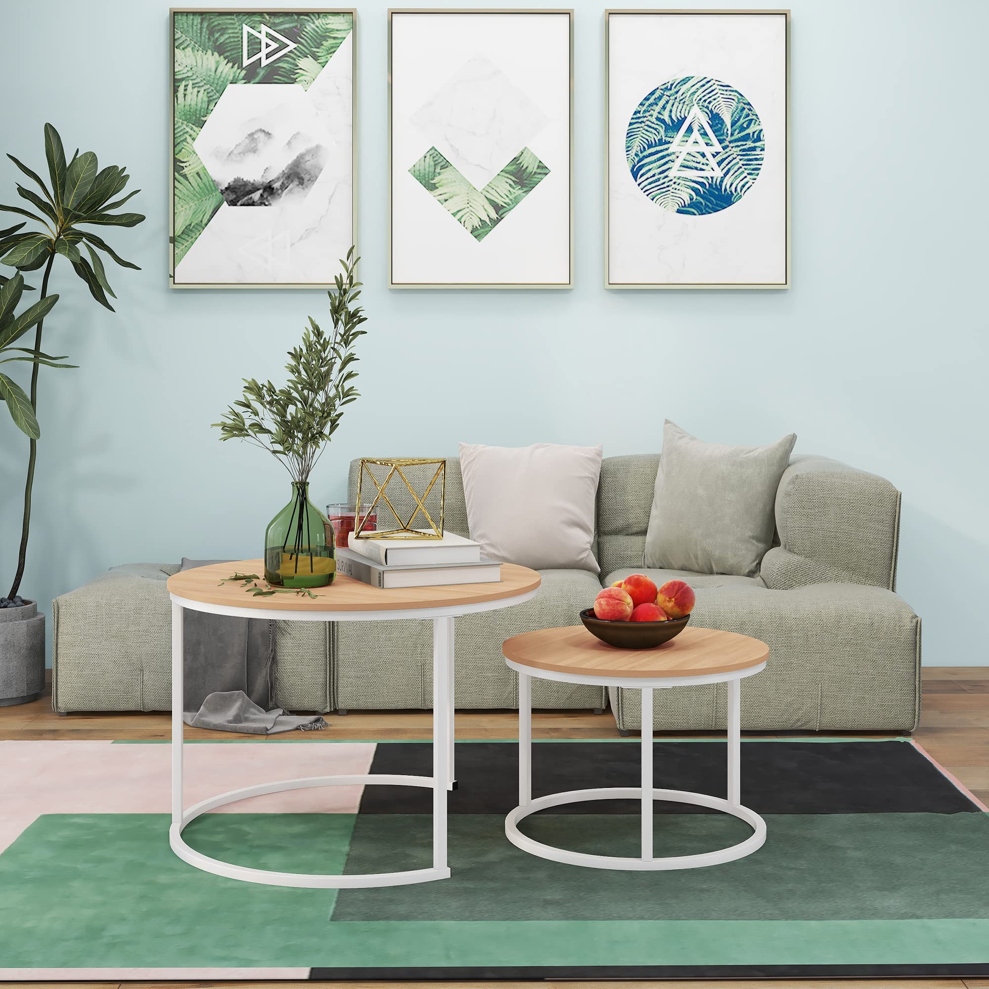 HOJINLINERO Round Nesting Coffee Table Set of 2 End Table for Living Room,69.5x49cm Industrial Stacking Side Table for Living Room/Bedroom/Small