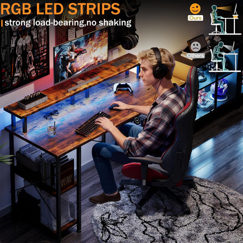 MUTUN Gaming Desk with LED Lights & Power Outlets, 120×50cm Computer Desk with Storage Shelves & Dual Monitor Stand