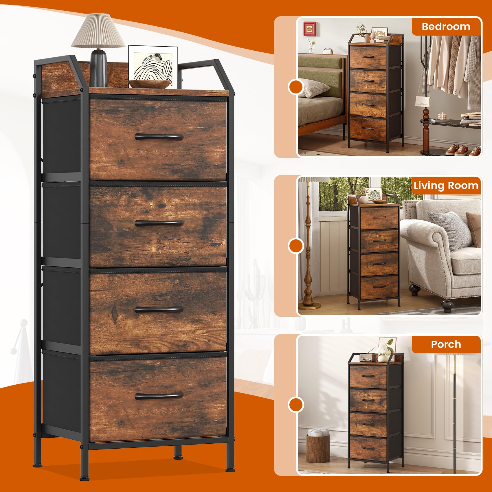 Feonase 4-Drawer Chest of Drawers with Metal Frame & Top Back Panel – Modern Fabric Storage Cabinet for Bedroom, Living Room, Small Spaces