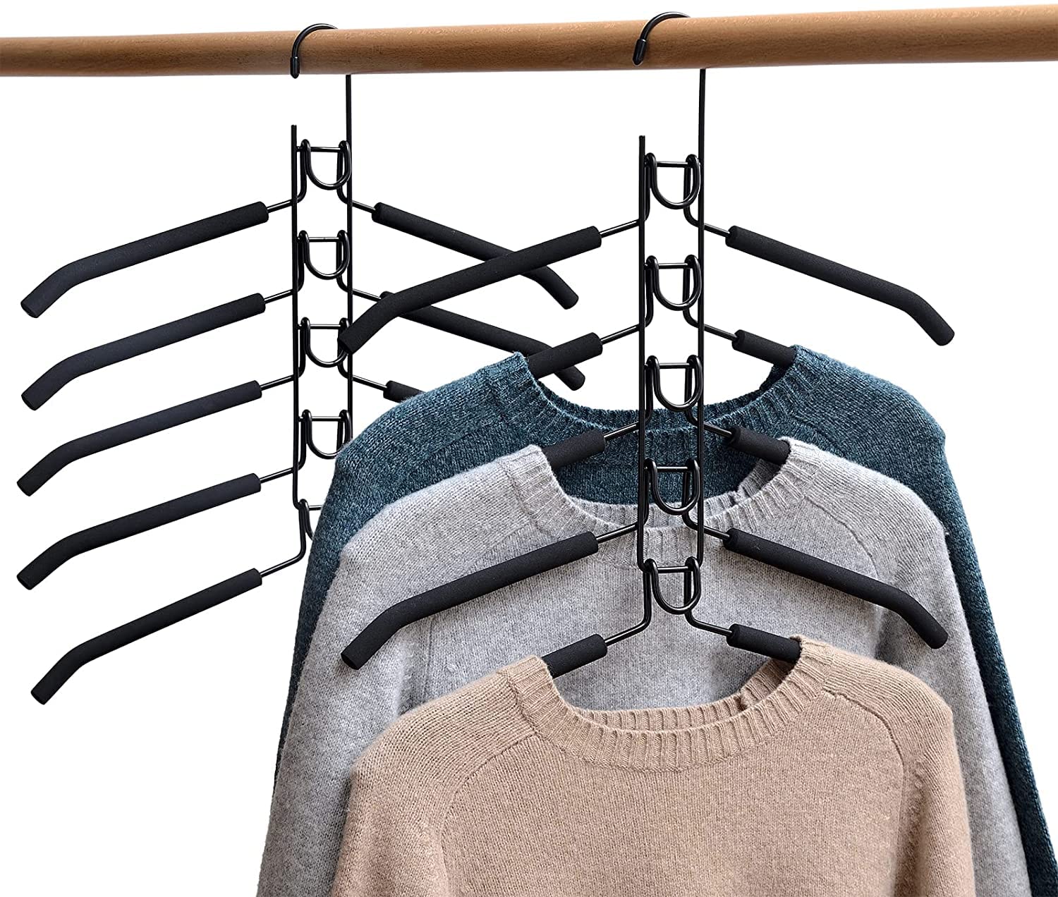 2 PACK Clothes Hangers Space Saving, 5 in 1 Clothes Hangers, Multi Layers Coat Hangers Metal Sponge Space Saver with Multilayer EVA Sponge for