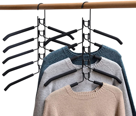 2 PACK Clothes Hangers Space Saving, 5 in 1 Clothes Hangers, Multi Layers Coat Hangers Metal Sponge Space Saver with Multilayer EVA Sponge for