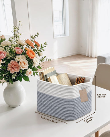 JOJOSEE Small Cotton Rope Woven Storage Basket for Shelves, White&Grey