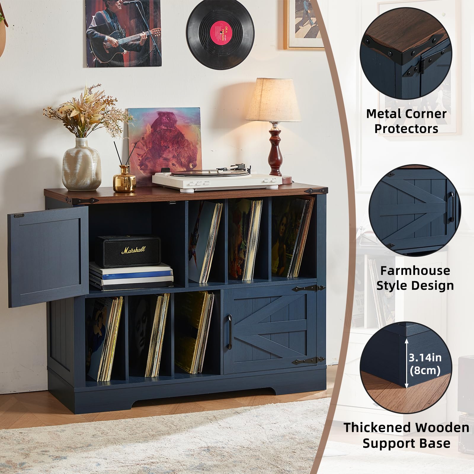 LELELINKY Record Player Stand with Storage, 1m Farmhouse Vinyl Cabinet