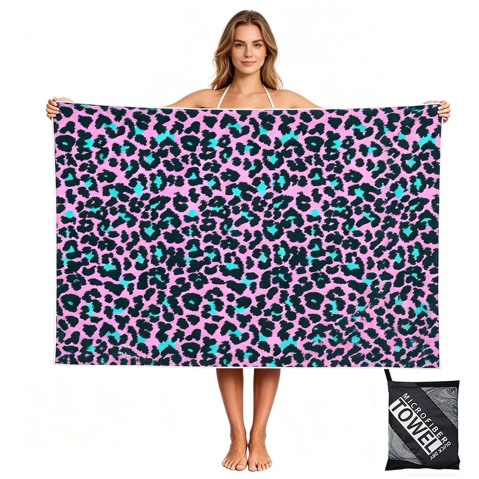 yayafunfun Large Quick Dry Microfibre Beach Towels for Adults, 160X90cm Pink Leopard Bath Towel Travel Towels with Pocket
