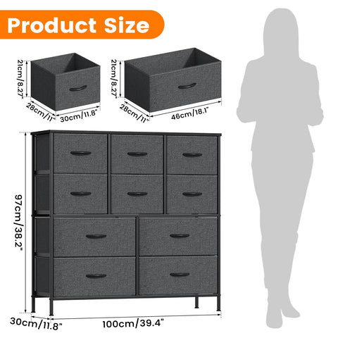 Feonase Chest of Drawers, Bedroom Tall Dresser with 10 Fabric Drawers, Metal Frame & MDF Wood Top, Adjustable Feet