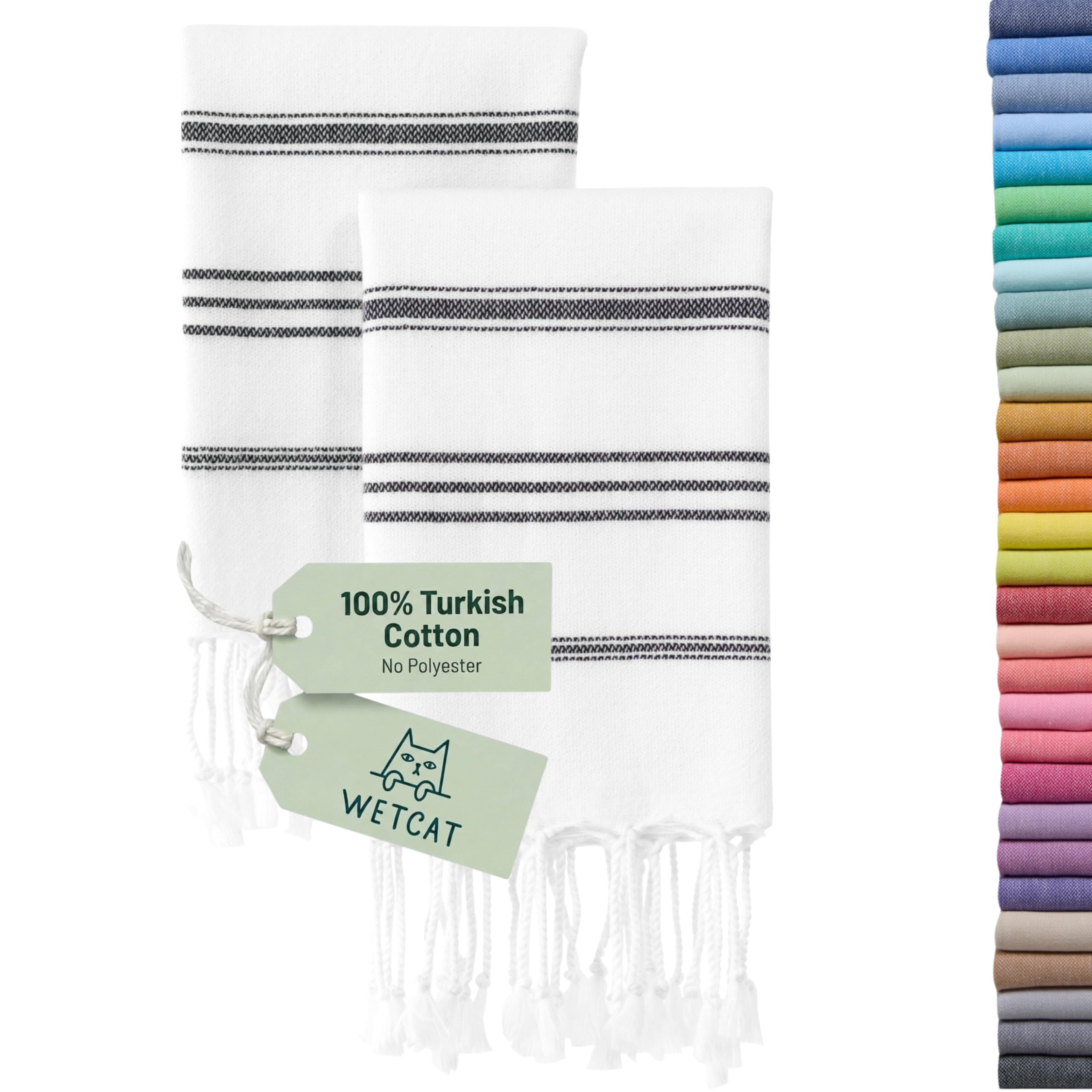 WETCAT Turkish Hand Towels with Hanging Loop, Set of 2 (20" x 30") 100% Turkish Cotton, Pre-Washed, Quick Drying, for Kitchen or Bathroom