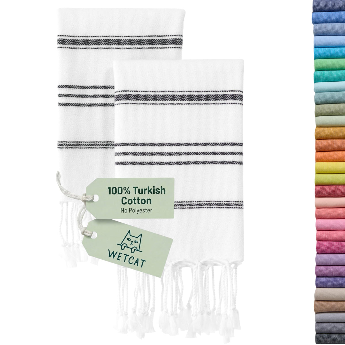 WETCAT Turkish Hand Towels with Hanging Loop, Set of 2 (20" x 30") 100% Turkish Cotton, Pre-Washed, Quick Drying, for Kitchen or Bathroom