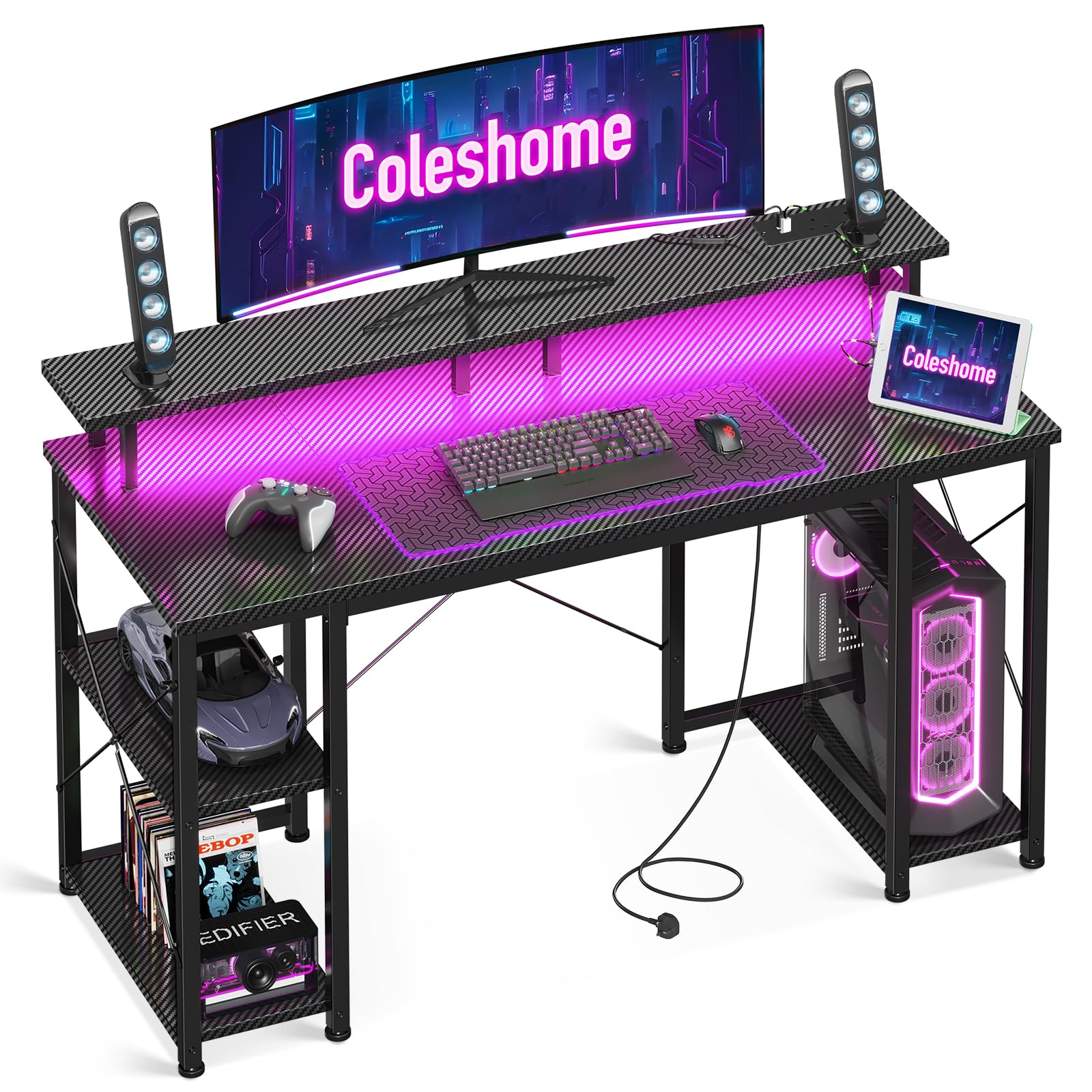 Coleshome Gaming Desk with LED Lights, 120x50 cm, Carbon Fiber Black
