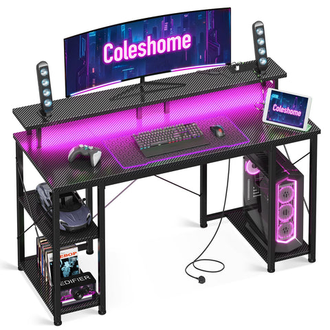 Coleshome Gaming Desk with LED Lights, 120x50 cm, Carbon Fiber Black