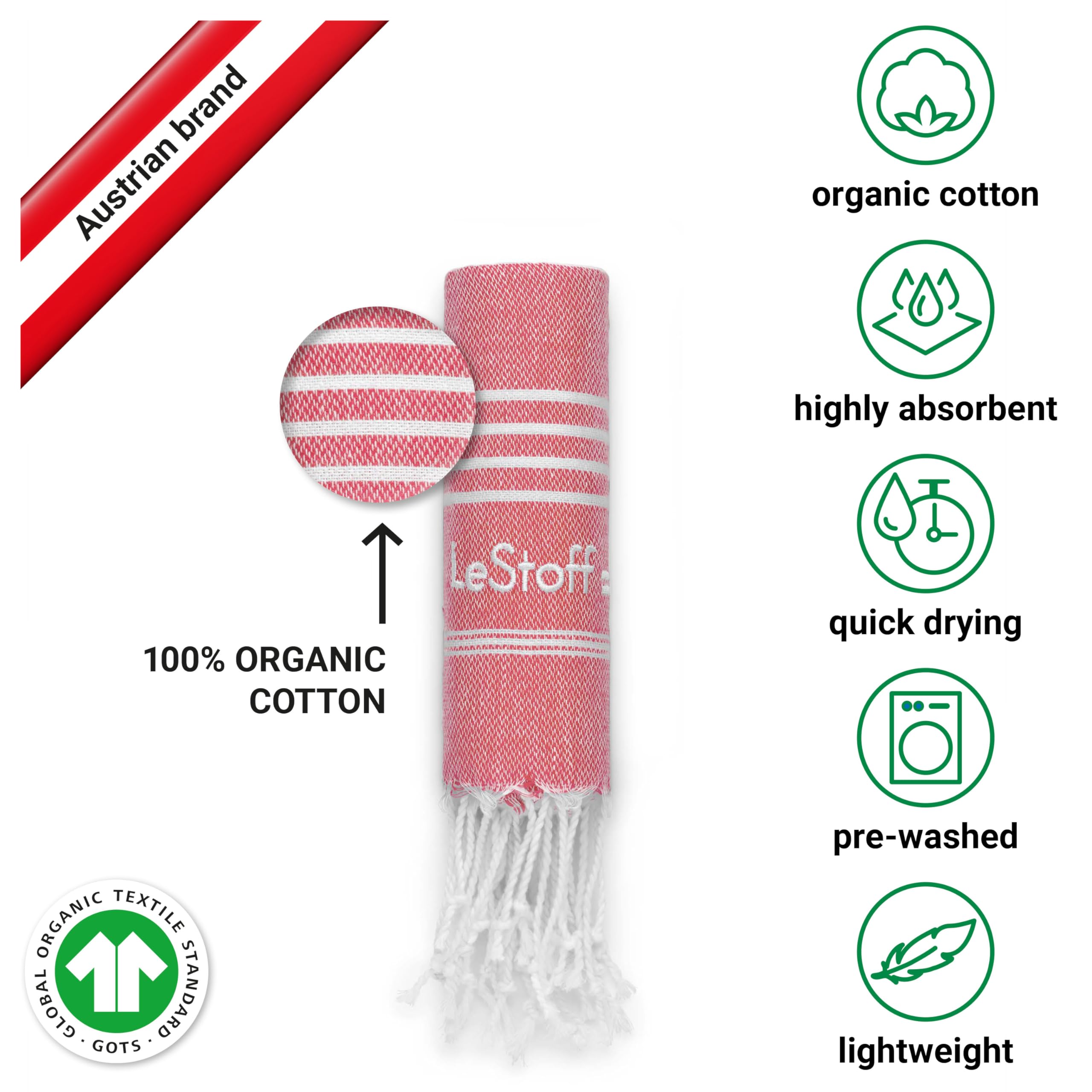 LeStoff Hammam Towel, Guest Towel, 100% Organic Cotton, 50x100 cm, Red