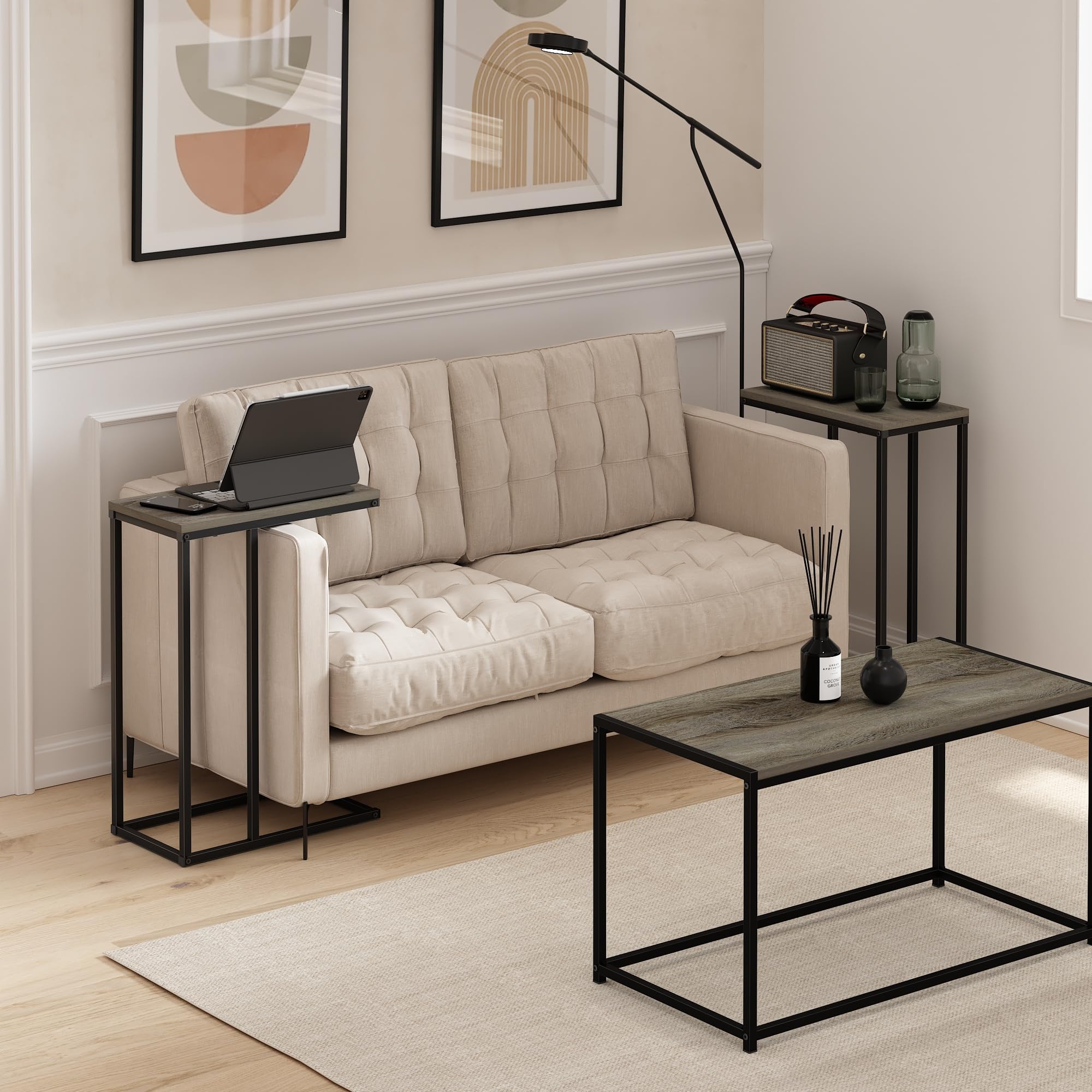 Furinno CAMNUS Side Table Set of 2, C-shape Sofa End Table for Couch, Metal Frame Night Stand, Bedside Table, for Living Room, Bedroom