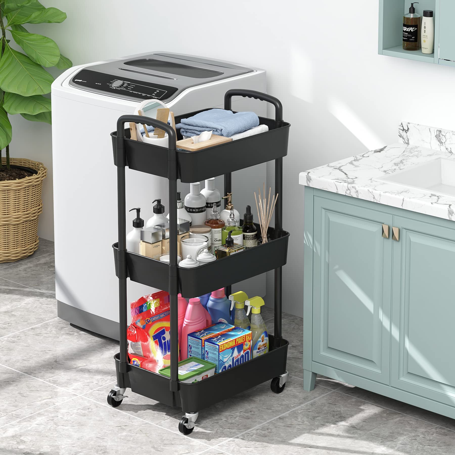 Sywhitta 3-tier Plastic Storage Trolley on Wheels, Kitchen Storage Utility Cart, Rolling Storage Rack for Bedroom, Bathroom, Office, Black