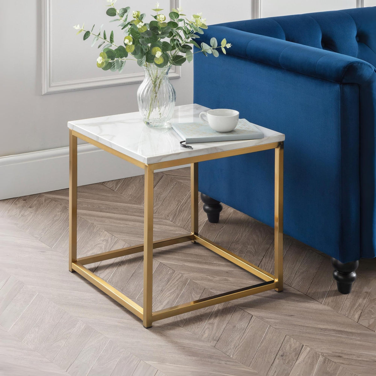 Julian Bowen Scala End Table, White Marble Effect & Gold - H50 x W50cm