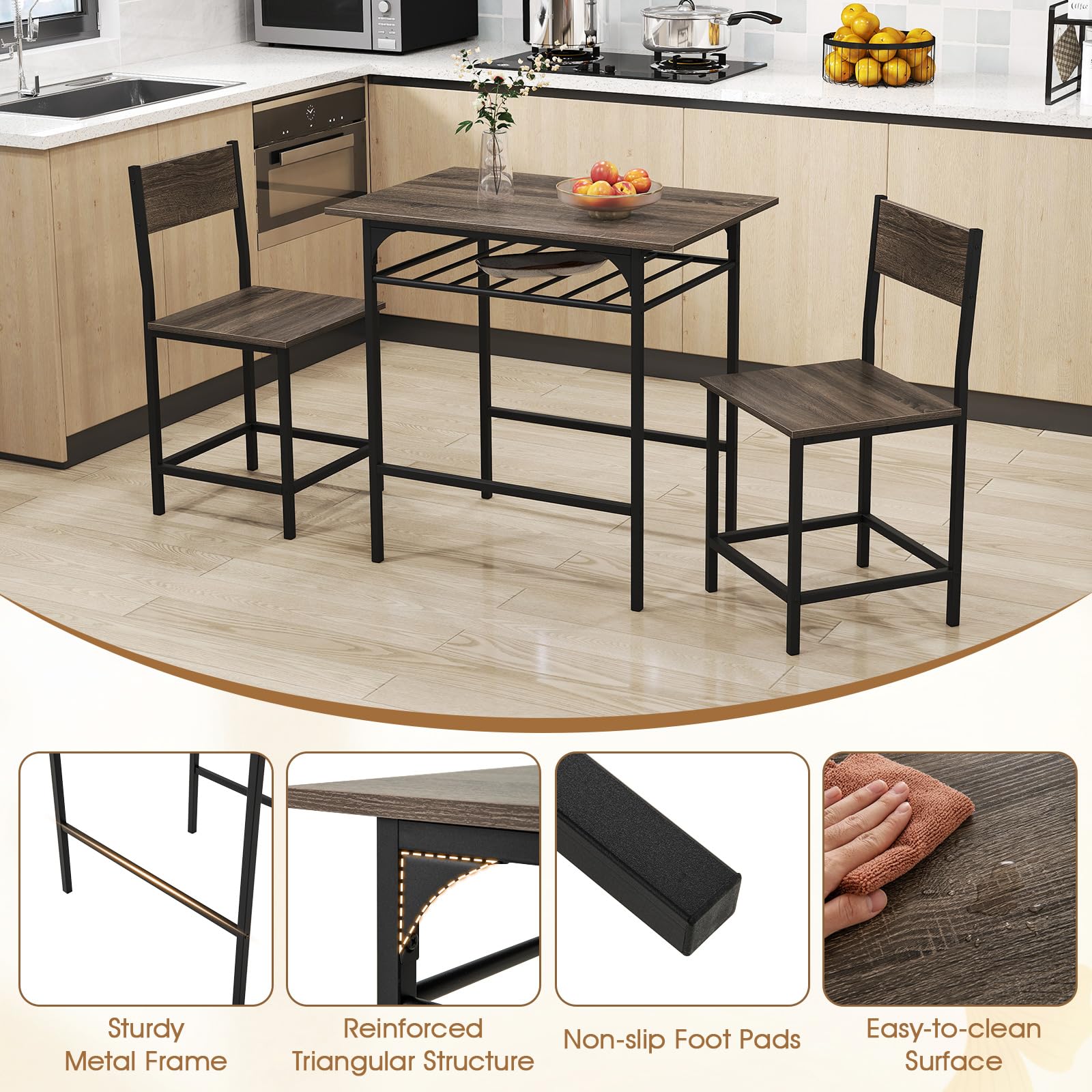 GiantexUK 3PCS Dining Table Set, Wooden Dining Table and Chairs with Storage Rack & Convenient Footrests