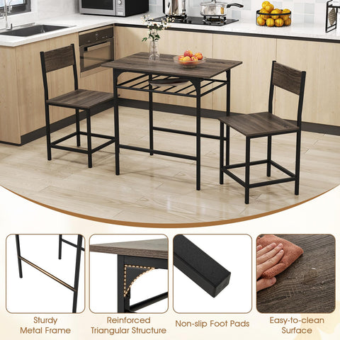 GiantexUK 3PCS Dining Table Set, Wooden Dining Table and Chairs with Storage Rack & Convenient Footrests