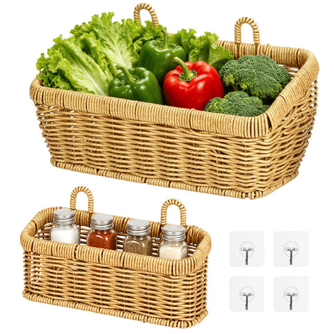 2 Pcs Wall Hanging Basket Set, Rattan Storage Basket with Hooks,2 sizes for kitchen bathroom garden