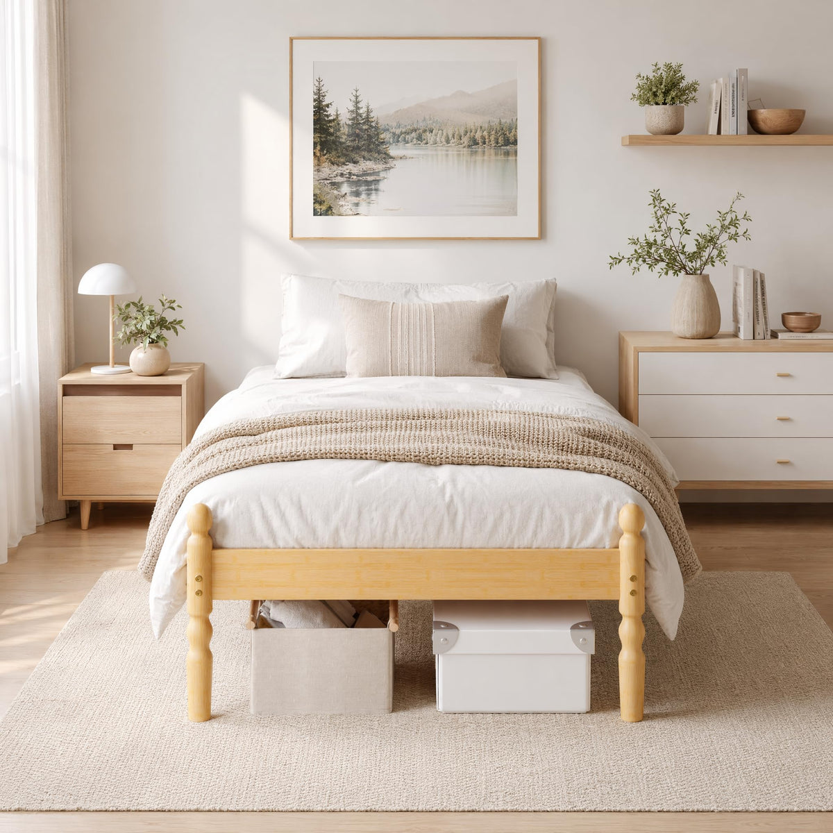 APEXTELLA HOME Single Bed Frame 14-inch Natural Bamboo Wood Platform Bed with Metal Slats Support and Mattress Slide Stopper, Underbed Storage Space