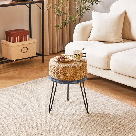 YMYNY Footstool Natural Seagrass Hand Weave, Vanity Makeup Stool, Pastoral Style Footrest, Padded Foot Rest with Metal Legs, Foot Rest Sofa Stool