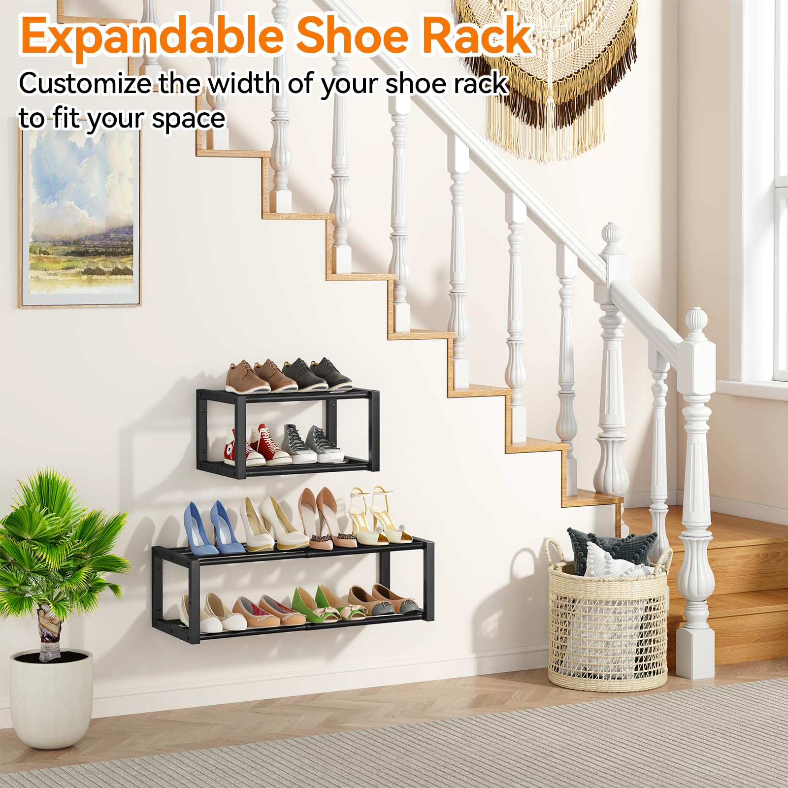IBUYKE 2 Pack Wall Mounted Shoe Rack, 41-73 cm Expandable Hanging Shoe Organizer for 12-16 Pairs