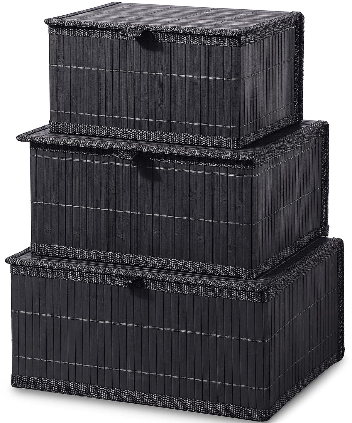 Honygebia Storage Basket with Lid – Black Decorative Bamboo Box for Organizing, Set of 3 Wicker Basket and Woven Fabric Lining for Home, Kitchen