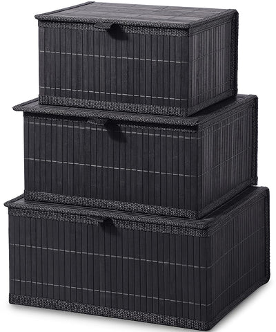Honygebia Storage Basket with Lid – Black Decorative Bamboo Box for Organizing, Set of 3 Wicker Basket and Woven Fabric Lining for Home, Kitchen