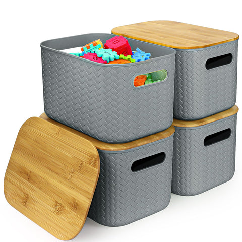 RWFMO 4 Pcs Plastic Grey Storage Baskets with Bamboo Lid for Bathroom
