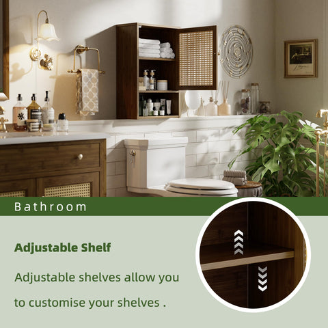 vovala Bathroom Wall Cabinet, Bamboo Over-The-Toilet Storage Organizer with Rattan Doors and Adjustable Shelf